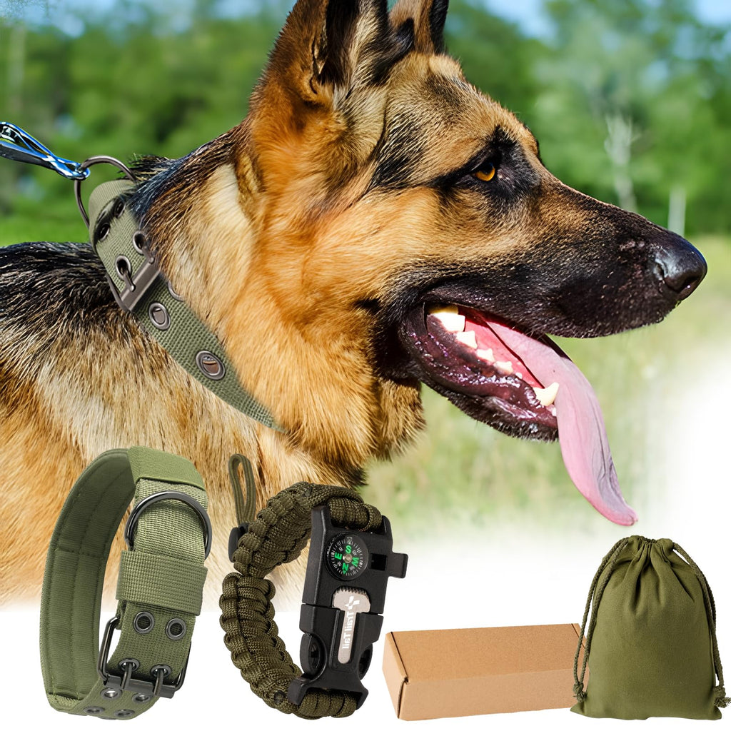 Tactical Dog Collar with Survival Bracelet – Heavy Duty, Metal Buckle