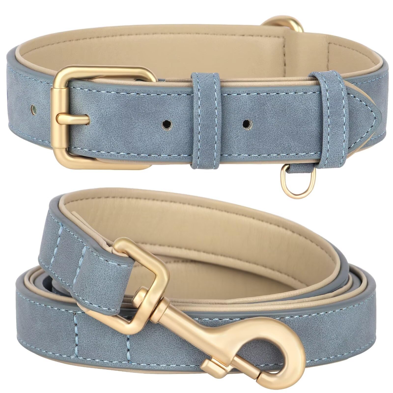 Soft Padded Leather Dog Collar & Leash Set – 4FT, Metal Buckle